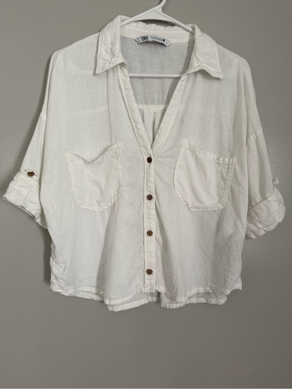 Zara Cream Relaxed Button-Front Pocket Shirt